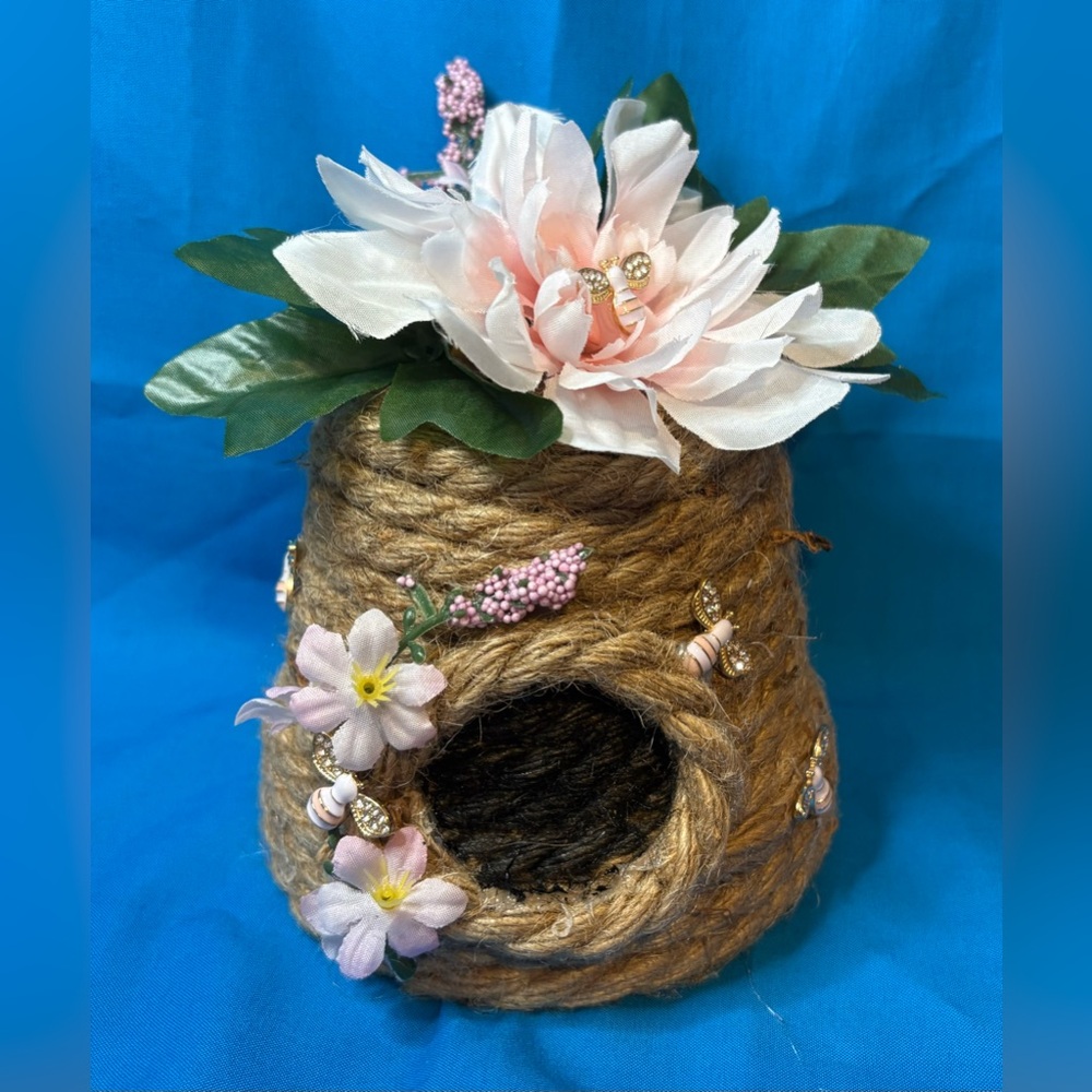 Handmade Floral Decorated Beehive with Pink Flowers
